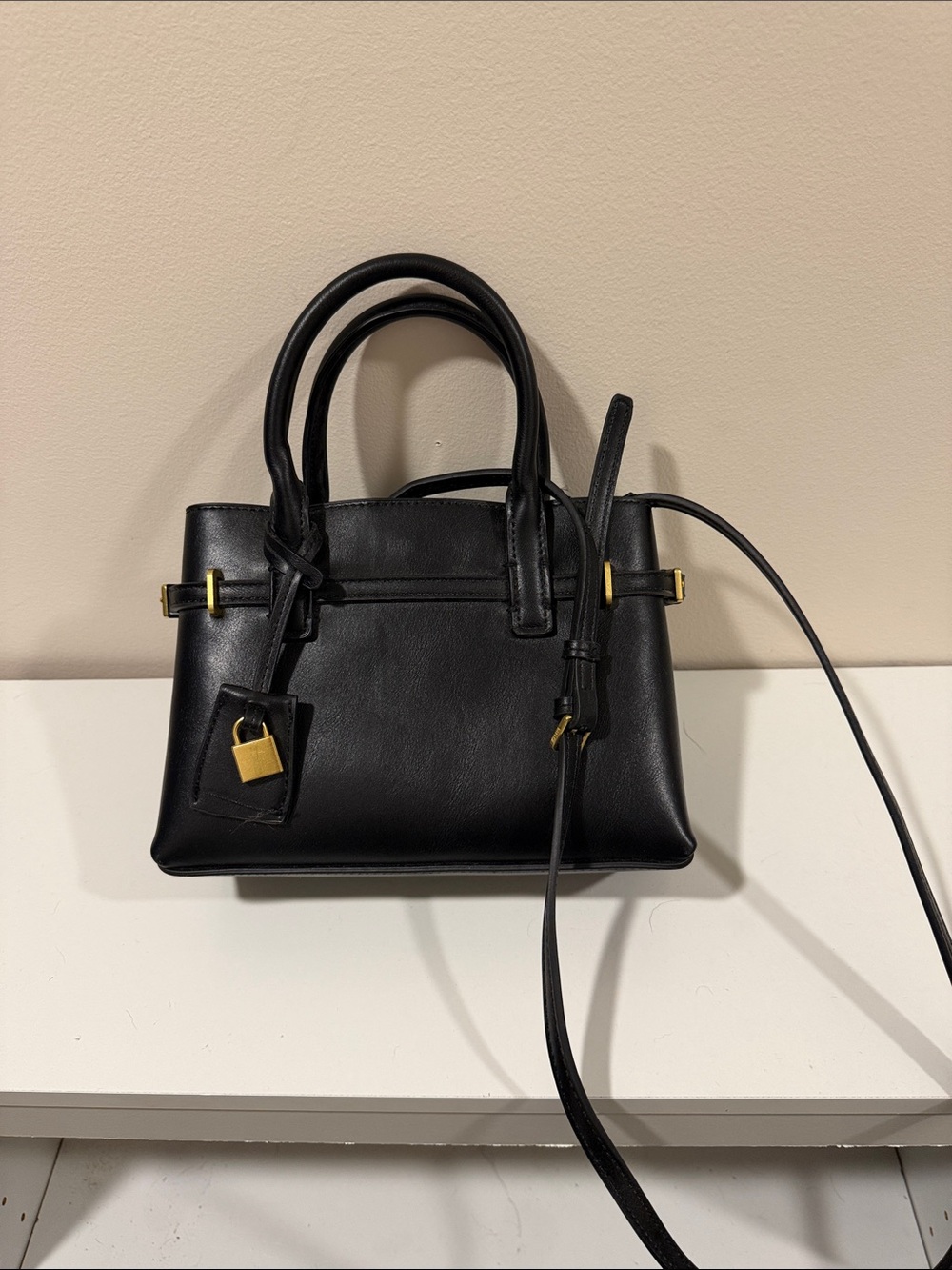 Mango Black Leather Satchel with Gold Hardware Accent